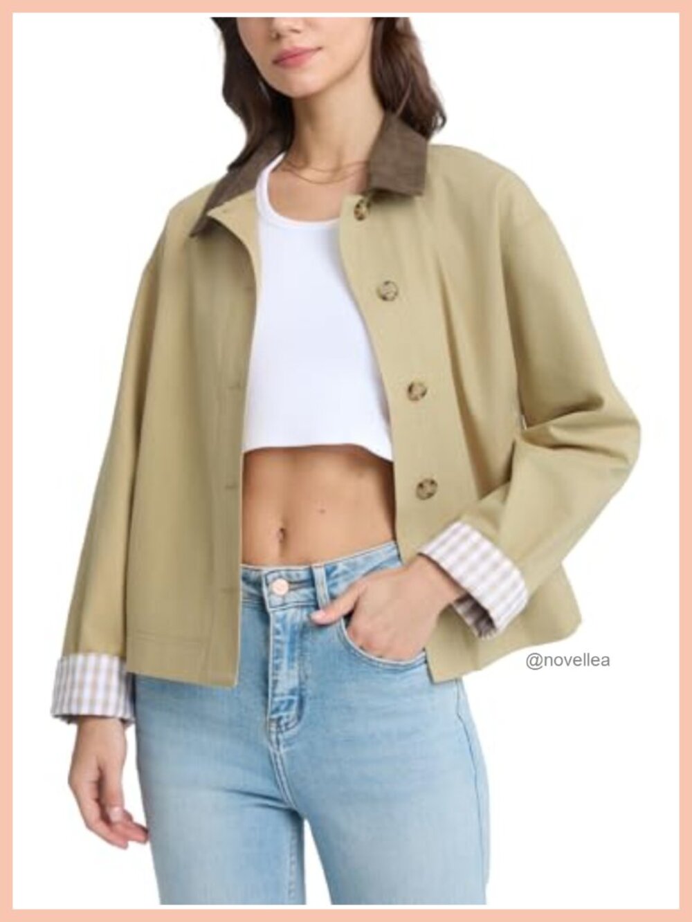 Cropped Trench Coat Contrast Collar Utility Jacket Button Front Lined